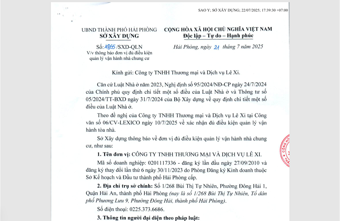 LE XI TRADING AND SERVICE COMPANY LIMITED CONTINUES TO BE RECOGNIZED AS A QUALIFIED ENTITY FOR APARTMENT BUILDING MANAGEMENT AND OPERATION IN ACCORDANCE WITH THE 2023 HOUSING LAW.
