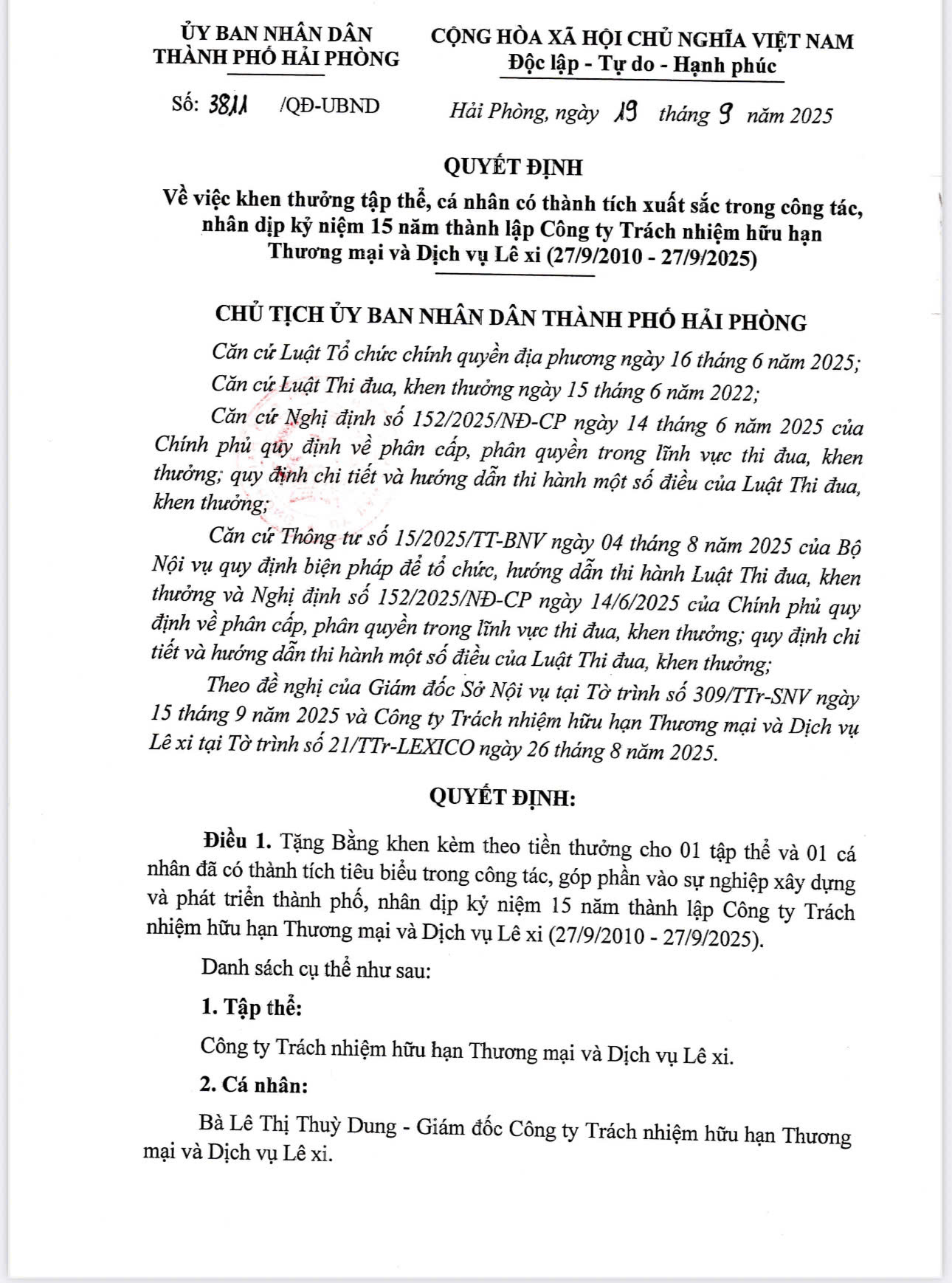 LEXICO HONORED WITH THE CERTIFICATE OF MERIT FROM THE CHAIRMAN OF HAI PHONG CITY PEOPLE’S COMMITTEE